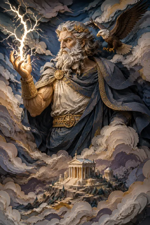 Paper sculpture interpretation of Zeus with an eagle and branching lightning.