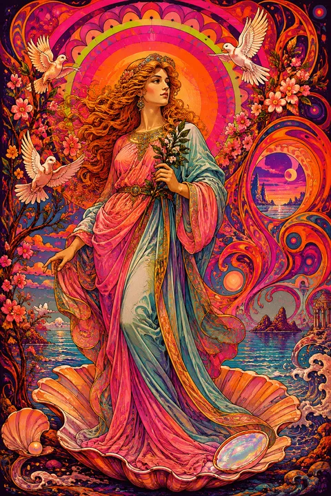 Psychedelic poster interpretation of Aphrodite with myrtle, doves and an opalescent shore.