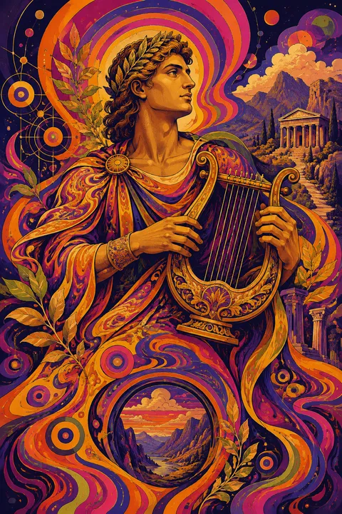 Psychedelic poster interpretation of Apollo with a lyre, laurel leaves and a mountain sanctuary.
