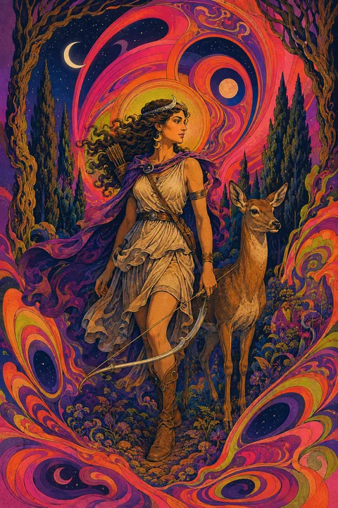 Psychedelic poster interpretation of Artemis with a bow, a deer and a wild cypress forest.