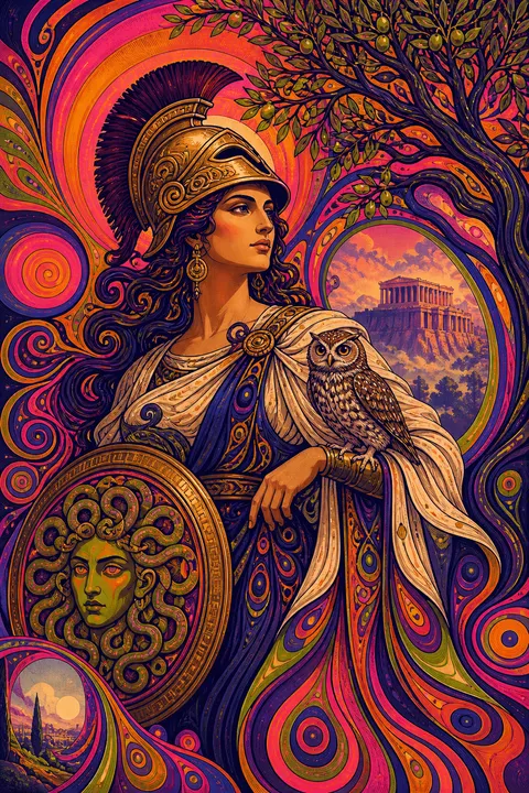 Psychedelic poster interpretation of Athena with an owl, a crested helmet and olive branches.