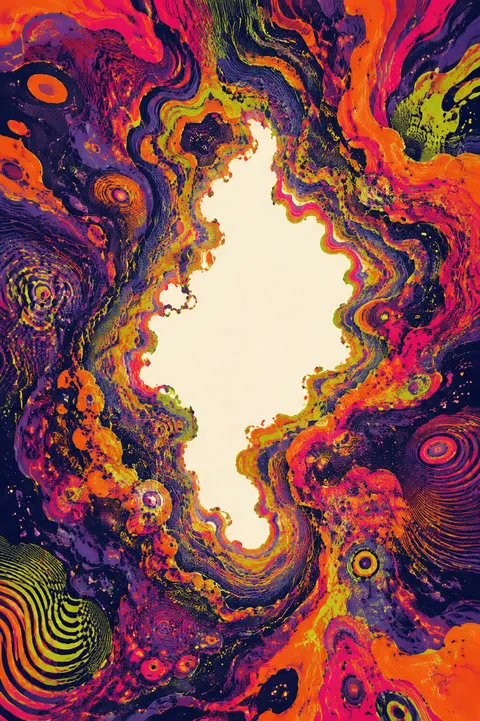 Psychedelic poster interpretation of Chaos with a primordial chasm and the first threads of light.
