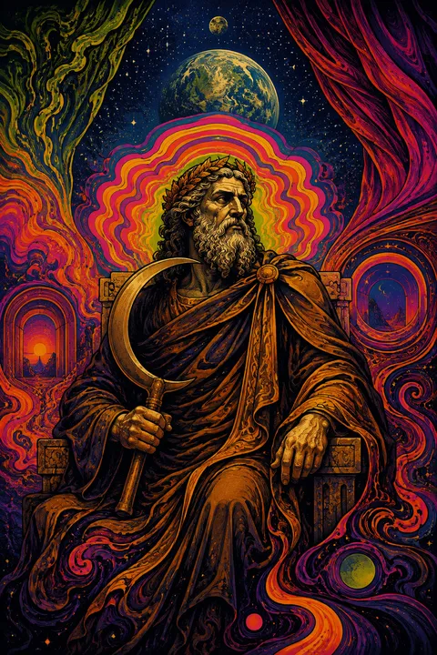 Psychedelic poster interpretation of Cronus with a curved sickle and a stark stone throne.