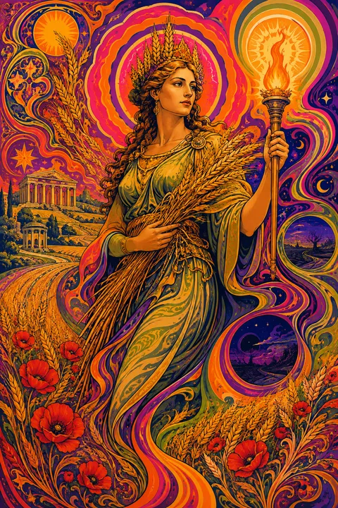 Psychedelic poster interpretation of Demeter with wheat, poppies and a glowing torch.