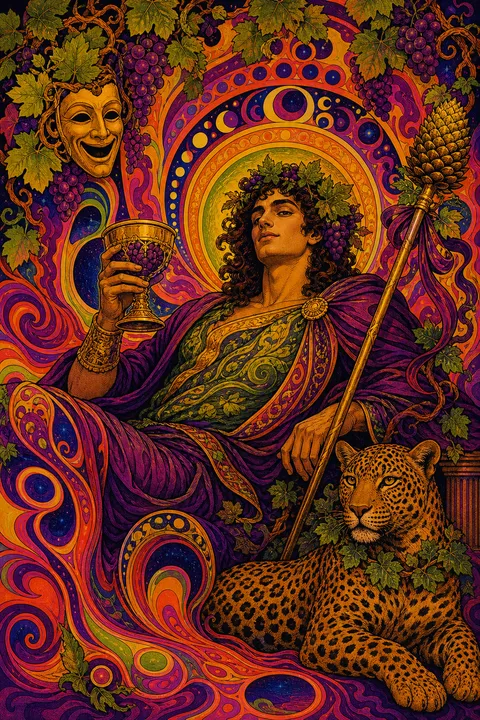 Psychedelic poster interpretation of Dionysus with ivy, grapes, a thyrsus and a theatre mask.