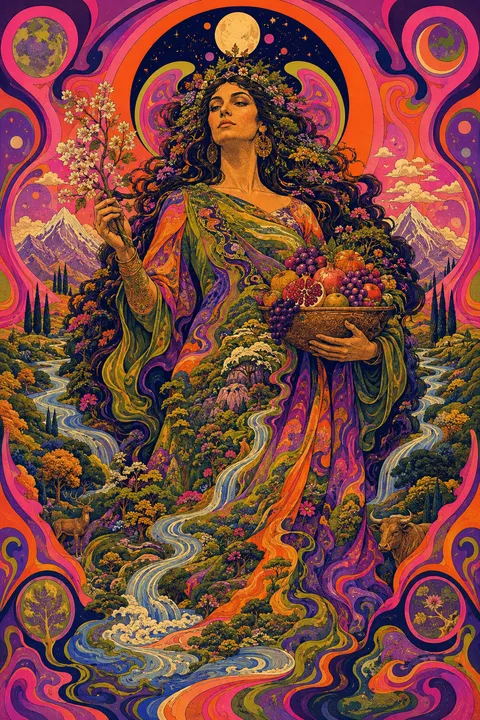 Psychedelic poster interpretation of Gaia with fruit, mountains and a living forest.