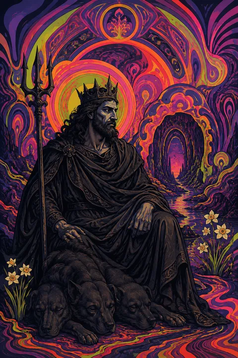 Psychedelic poster interpretation of Hades with a bident, an underground river and three-headed Cerberus.