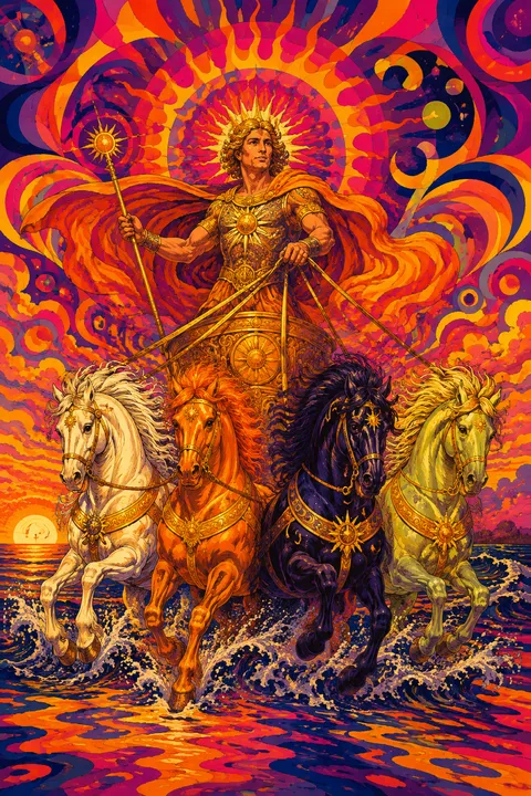 Psychedelic poster interpretation of Helios with a radiant crown and a four-horse sun chariot.