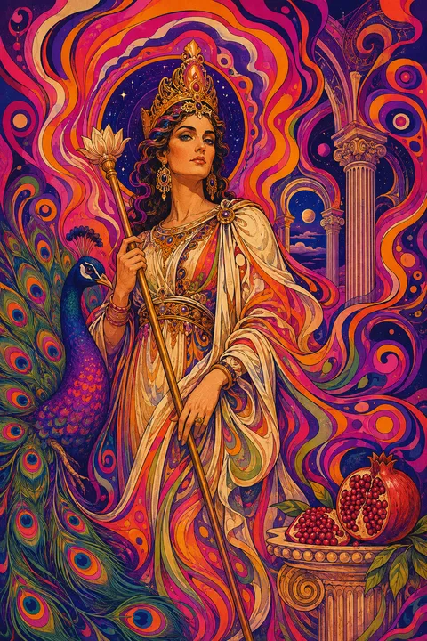 Psychedelic poster interpretation of Hera with a peacock, a crown and a royal scepter.