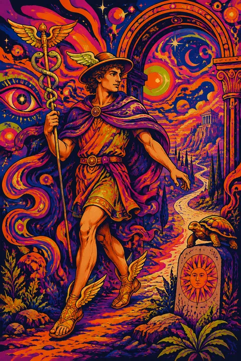 Psychedelic poster interpretation of Hermes with winged sandals, a herald’s staff and a tortoise.