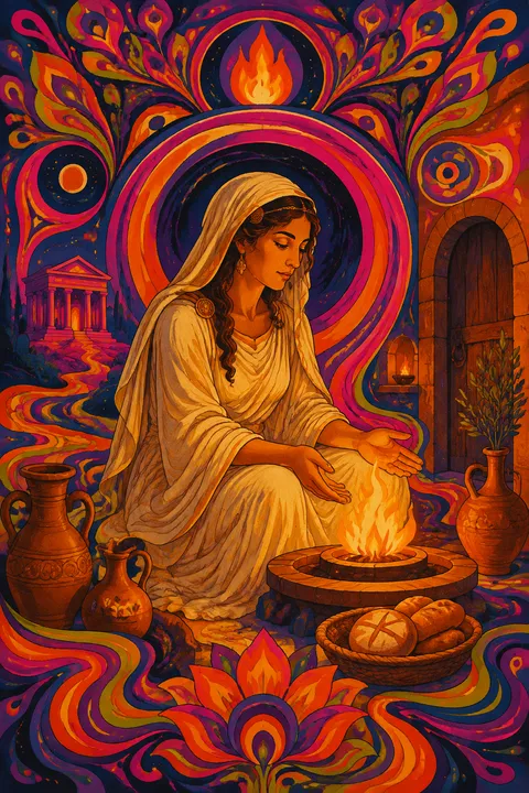 Psychedelic poster interpretation of Hestia with a steady hearth flame, bread and terracotta vessels.