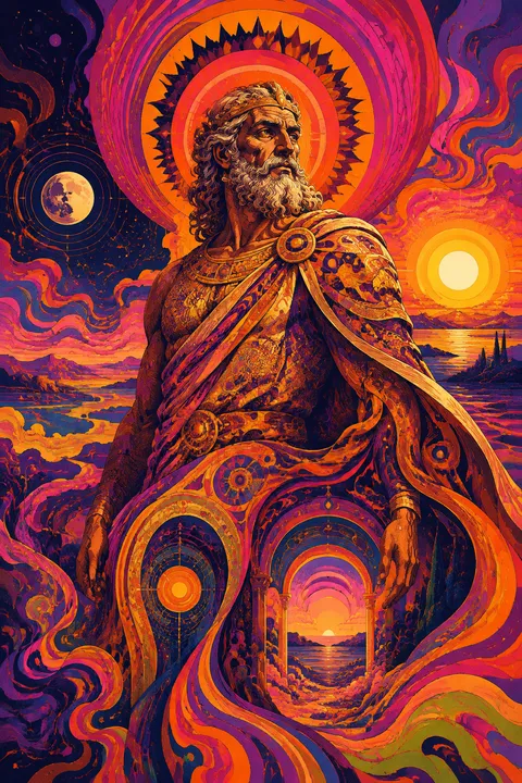 Psychedelic poster interpretation of Hyperion with three celestial lights and a vast dawn horizon.