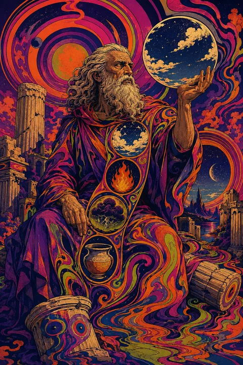 Psychedelic poster interpretation of Iapetus with colossal stone columns and symbols of his Titan family.