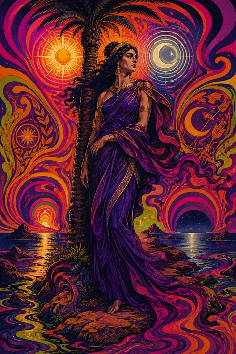 Psychedelic poster interpretation of Leto with a palm tree, an island refuge and twin lights.