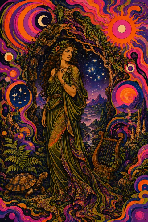 Psychedelic poster interpretation of Maia with an Arcadian cave, a tortoise and distant stars.