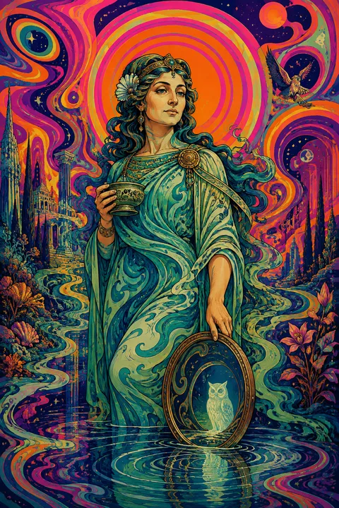 Psychedelic poster interpretation of Metis with a medicinal cup, a mirror and winding water.