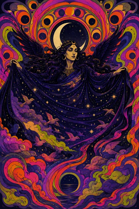 Psychedelic poster interpretation of Nyx with a star-filled veil and dark wings.