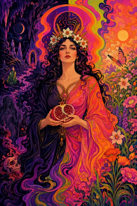 Psychedelic poster interpretation of Persephone with a pomegranate and spring flowers beside a cavern.
