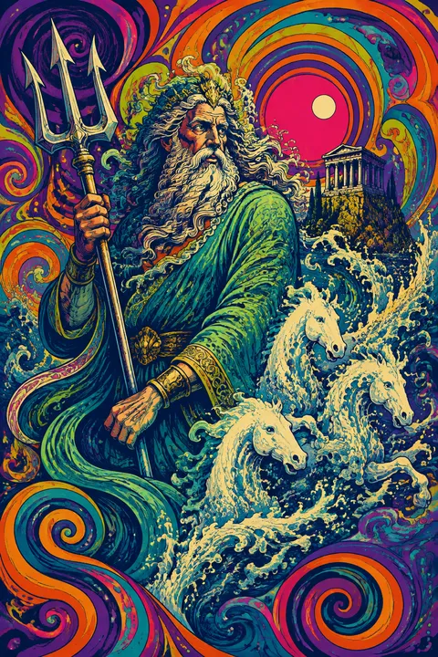 Psychedelic poster interpretation of Poseidon with a trident, breaking waves and sea-foam horses.
