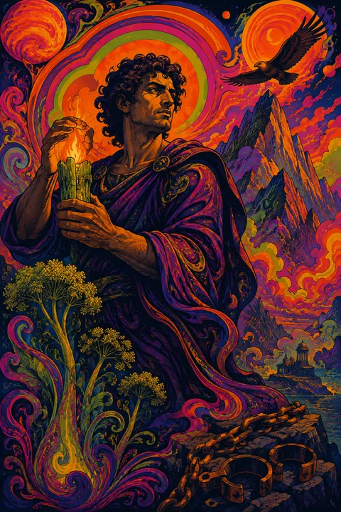 Psychedelic poster interpretation of Prometheus with a fennel stalk carrying fire and a mountain chain.