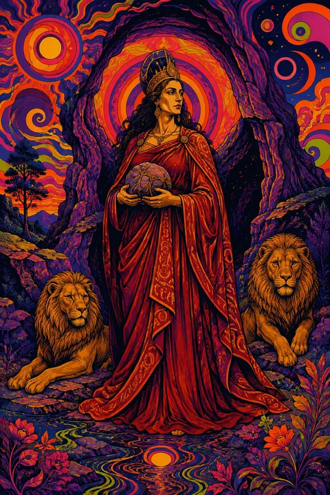 Psychedelic poster interpretation of Rhea with lions, a mountain cave and a wrapped stone.