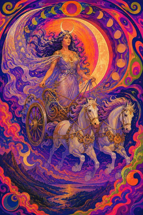 Psychedelic poster interpretation of Selene with a crescent diadem and a moonlit chariot.