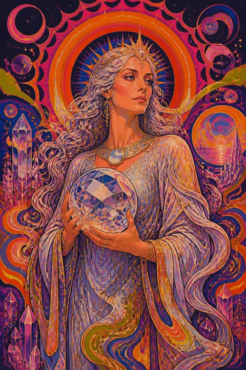 Psychedelic poster interpretation of Theia with crystals, gold veins and refracted celestial light.