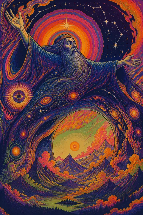 Psychedelic poster interpretation of Uranus with a starry celestial dome above mountains.