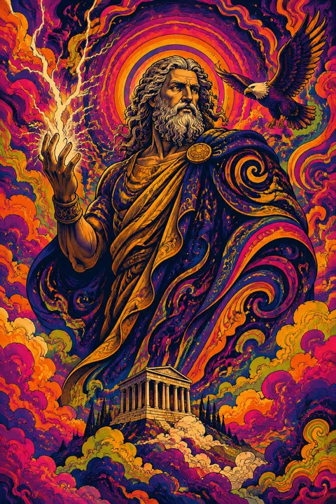 Psychedelic poster interpretation of Zeus with an eagle and branching lightning.