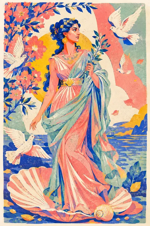Risograph interpretation of Aphrodite with myrtle, doves and an opalescent shore.