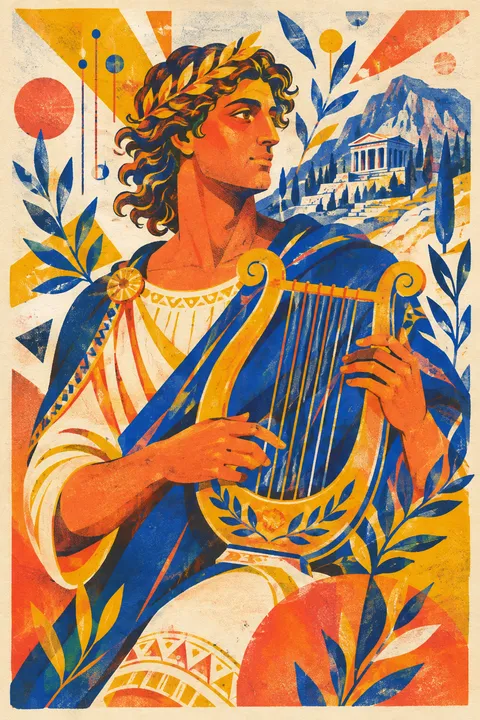 Risograph interpretation of Apollo with a lyre, laurel leaves and a mountain sanctuary.