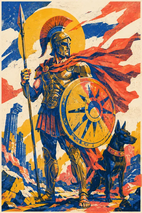 Risograph interpretation of Ares with a bronze helmet, spear and round shield.