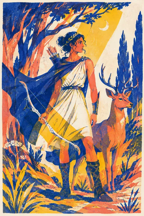 Risograph interpretation of Artemis with a bow, a deer and a wild cypress forest.