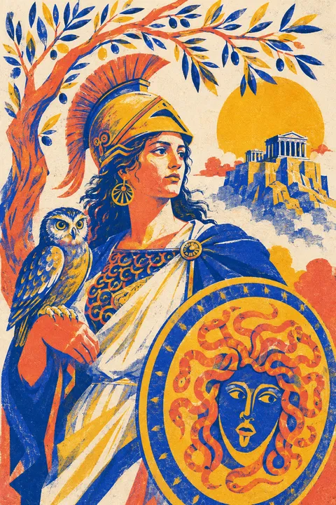 Risograph interpretation of Athena with an owl, a crested helmet and olive branches.