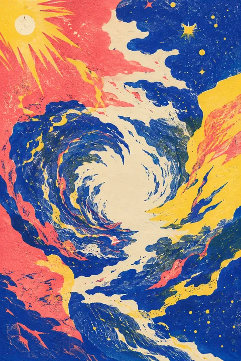 Risograph interpretation of Chaos with a primordial chasm and the first threads of light.