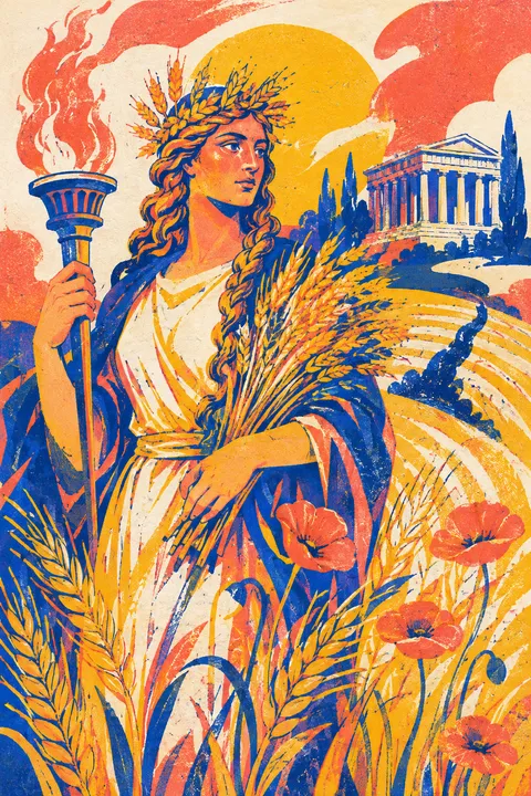 Risograph interpretation of Demeter with wheat, poppies and a glowing torch.