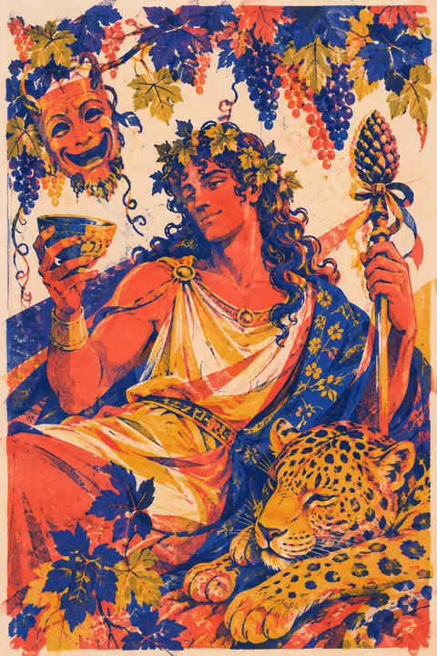Risograph interpretation of Dionysus with ivy, grapes, a thyrsus and a theatre mask.
