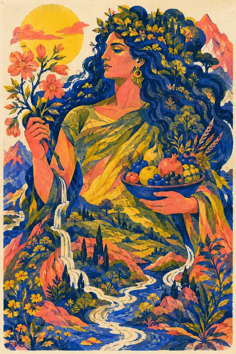 Risograph interpretation of Gaia with fruit, mountains and a living forest.