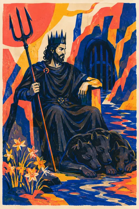 Risograph interpretation of Hades with a bident, an underground river and three-headed Cerberus.