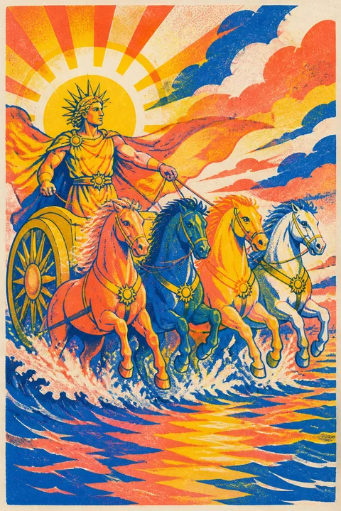 Risograph interpretation of Helios with a radiant crown and a four-horse sun chariot.