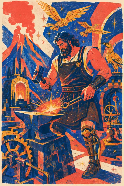 Risograph interpretation of Hephaestus with an anvil, a hammer and intricate bronze inventions.