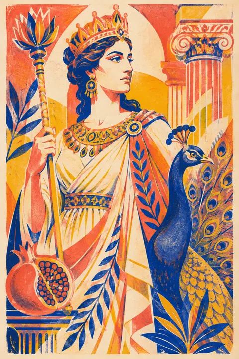 Risograph interpretation of Hera with a peacock, a crown and a royal scepter.