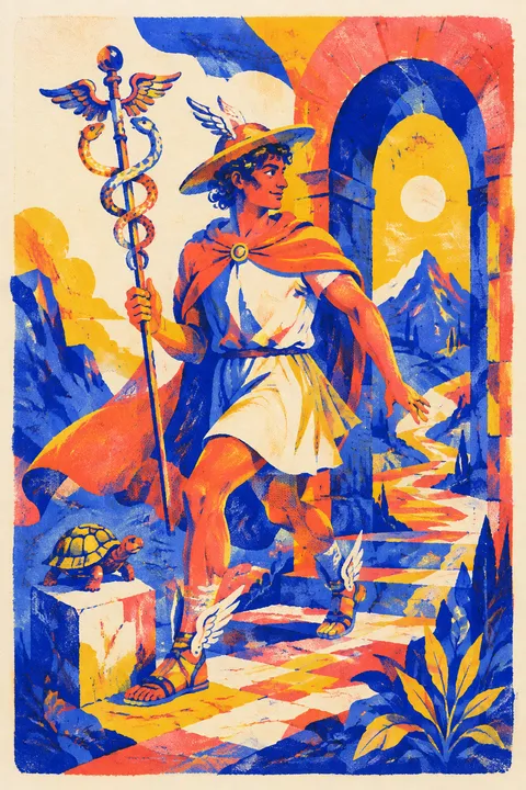 Risograph interpretation of Hermes with winged sandals, a herald’s staff and a tortoise.