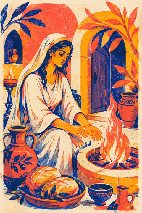 Risograph interpretation of Hestia with a steady hearth flame, bread and terracotta vessels.