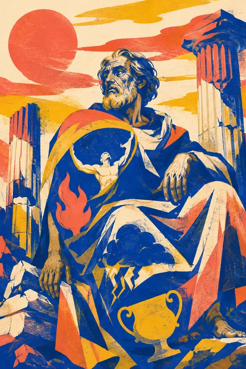 Risograph interpretation of Iapetus with colossal stone columns and symbols of his Titan family.