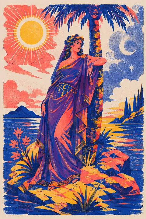 Risograph interpretation of Leto with a palm tree, an island refuge and twin lights.
