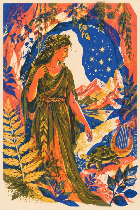 Risograph interpretation of Maia with an Arcadian cave, a tortoise and distant stars.