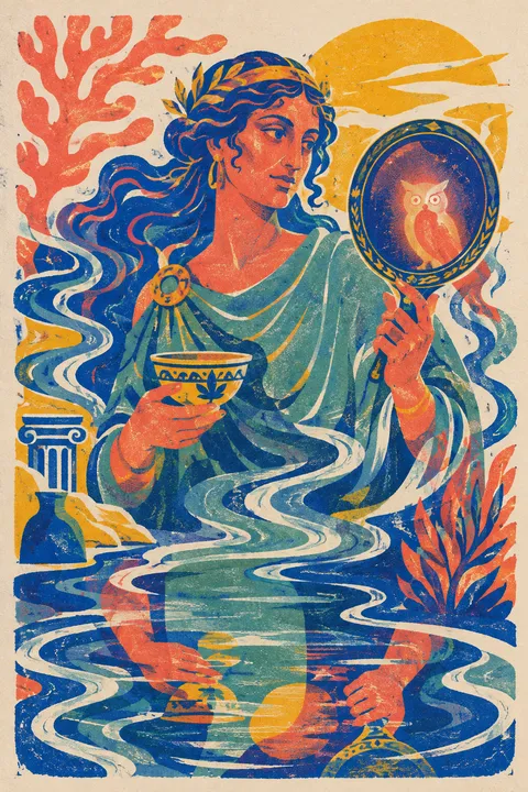 Risograph interpretation of Metis with a medicinal cup, a mirror and winding water.