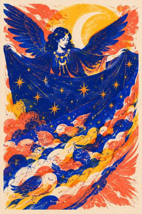 Risograph interpretation of Nyx with a star-filled veil and dark wings.