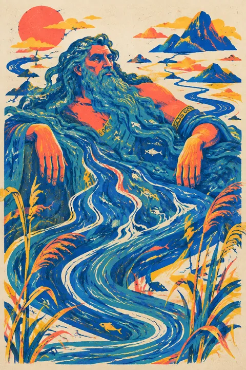 Risograph interpretation of Oceanus with an encircling river, reeds and silver fish.